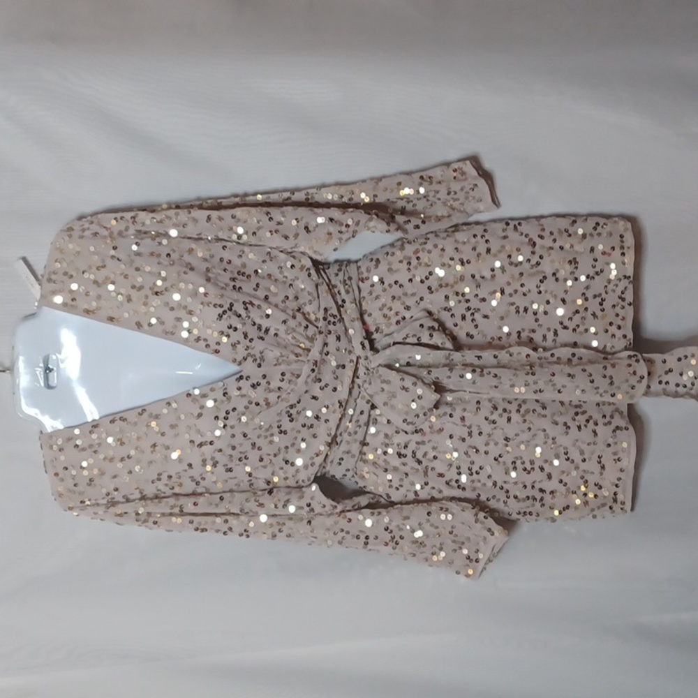 ASOS Beige Sequin Dress With Tie Waist Batwing Sleeve. Size 00